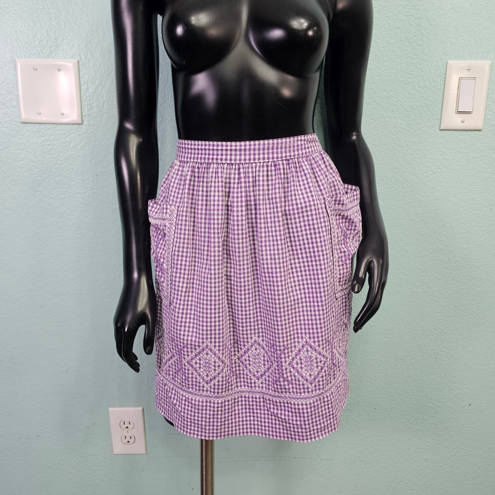 Vintage Handmade Purple Gingham Half Apron White Cross Stitch Embroidery Pockets